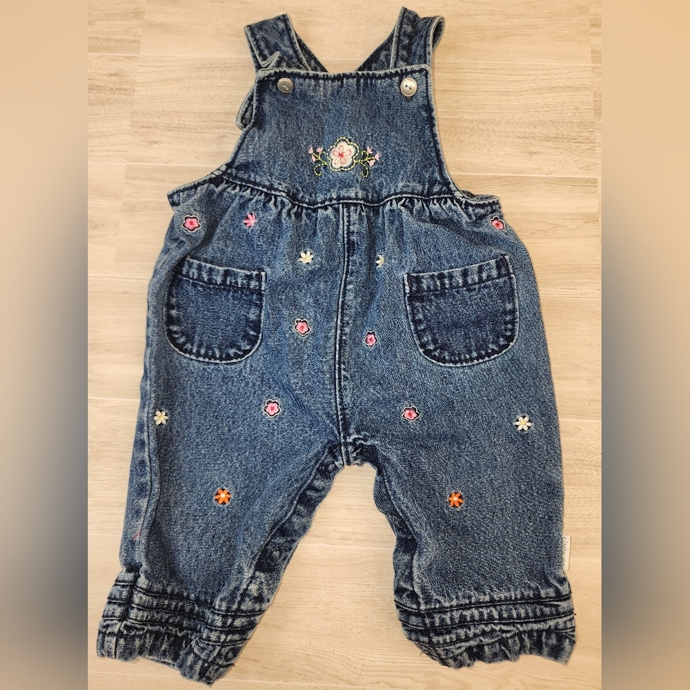 Vintage Little Me Blue Denim Overalls with Floral Embroidery